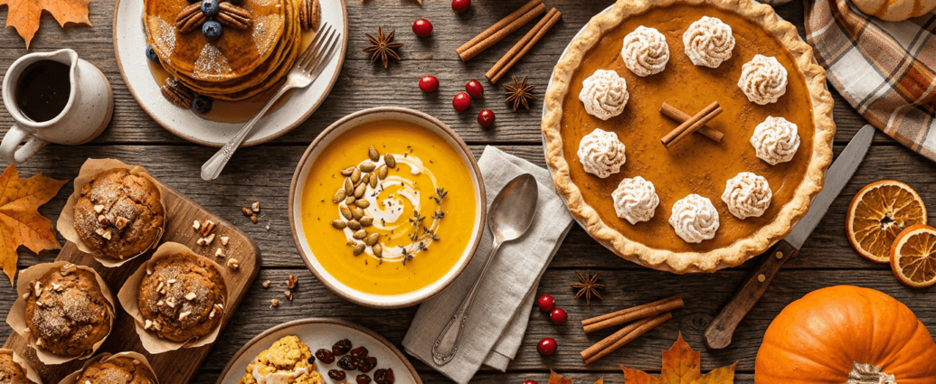 An overhead spread of pumpkin pie, pumpkin soup, muffins, pancakes, and scones on a rustic fall table