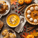 An overhead spread of pumpkin pie, pumpkin soup, muffins, pancakes, and scones on a rustic fall table