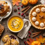 An overhead spread of pumpkin pie, pumpkin soup, muffins, pancakes, and scones on a rustic fall table