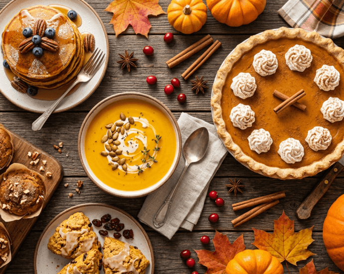 An overhead spread of pumpkin pie, pumpkin soup, muffins, pancakes, and scones on a rustic fall table