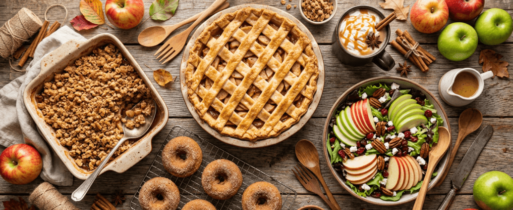 Overhead spread of fall apple recipes including apple pie, apple crisp, cider donut muffins, and caramel apple cider