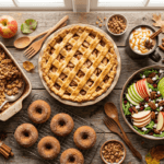 Overhead spread of fall apple recipes including apple pie, apple crisp, cider donut muffins, and caramel apple cider