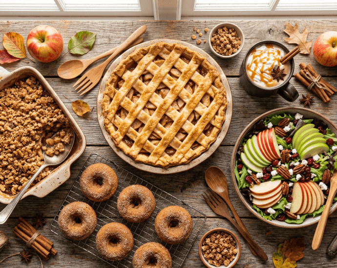 Overhead spread of fall apple recipes including apple pie, apple crisp, cider donut muffins, and caramel apple cider