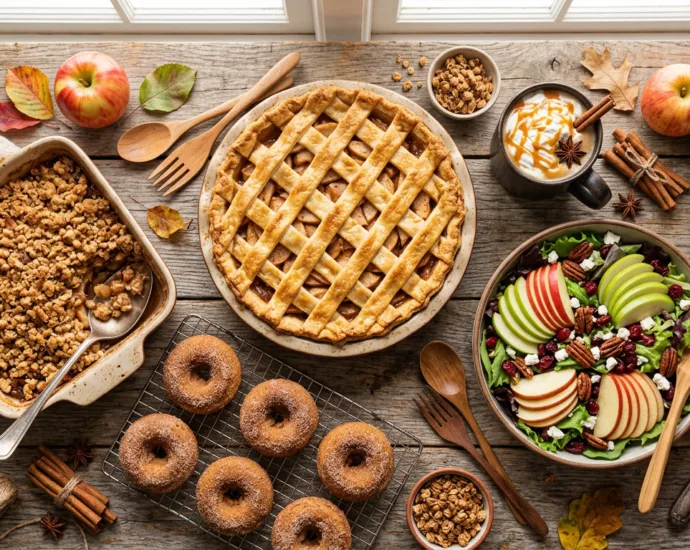 Overhead spread of fall apple recipes including apple pie, apple crisp, cider donut muffins, and caramel apple cider