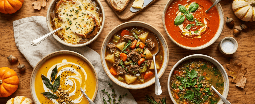 A cozy overhead spread of fall soups including butternut squash, french onion, and beef stew