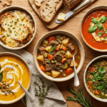 A cozy overhead spread of fall soups including butternut squash, french onion, and beef stew
