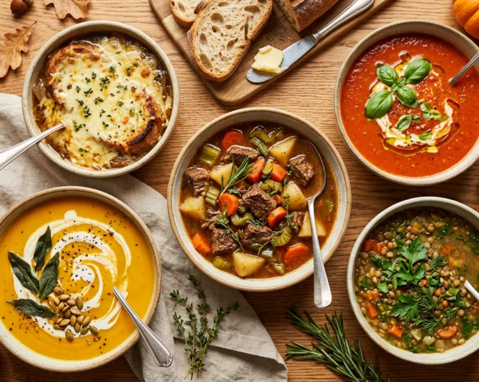 A cozy overhead spread of fall soups including butternut squash, french onion, and beef stew