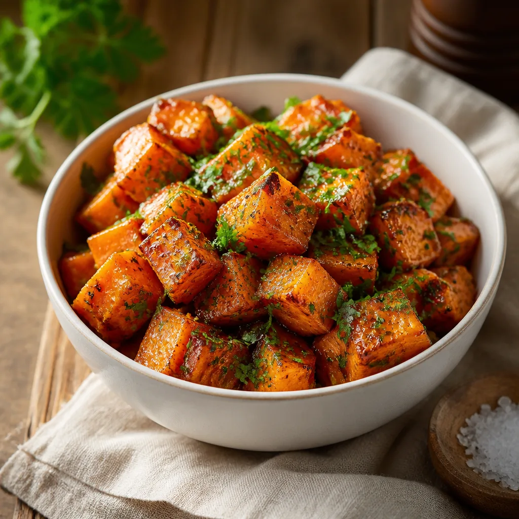 Maple Dijon roasted sweet potatoes served in a white bowl with parsley
