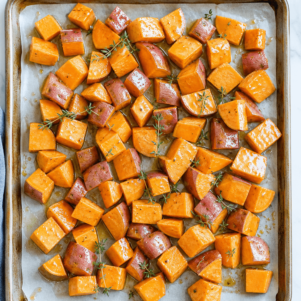 Cubed sweet potatoes tossed in maple Dijon glaze on a parchment lined baking sheet