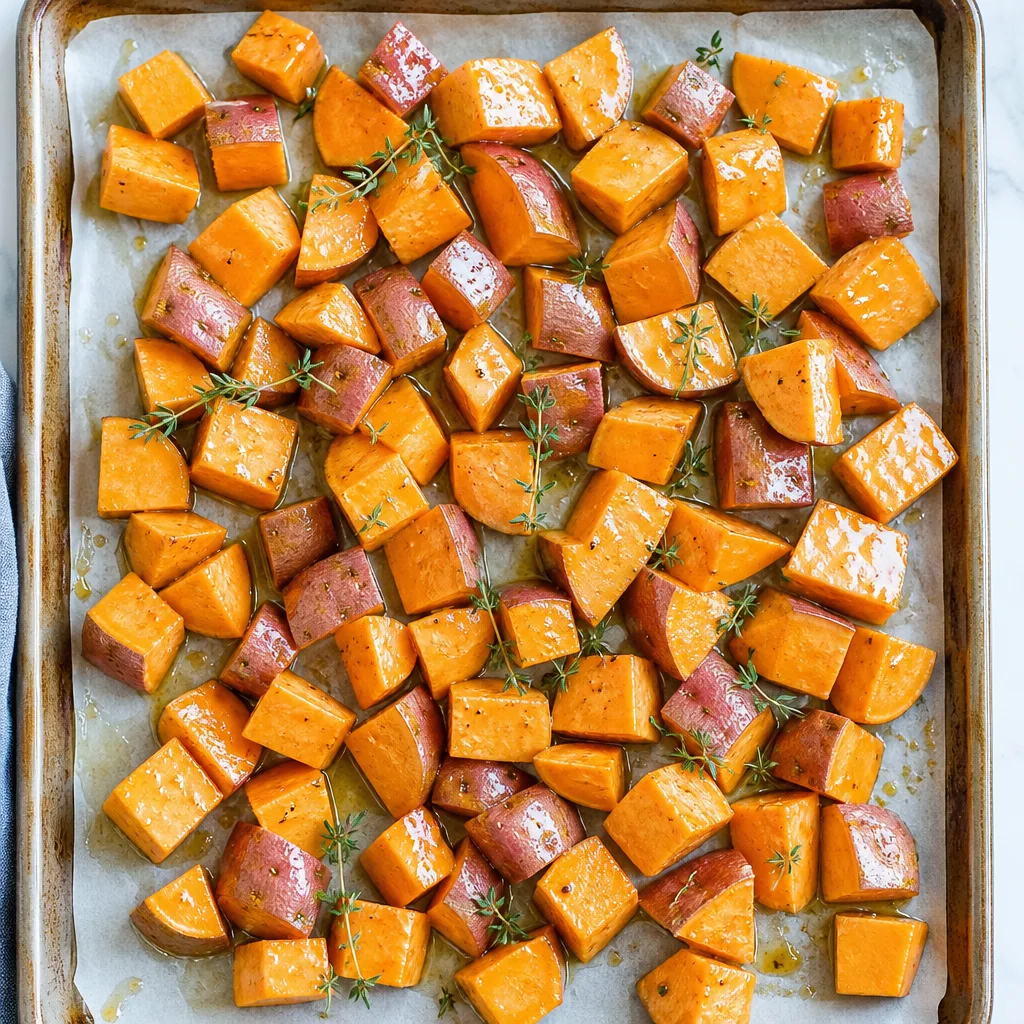 Cubed sweet potatoes tossed in maple Dijon glaze on a parchment lined baking sheet
