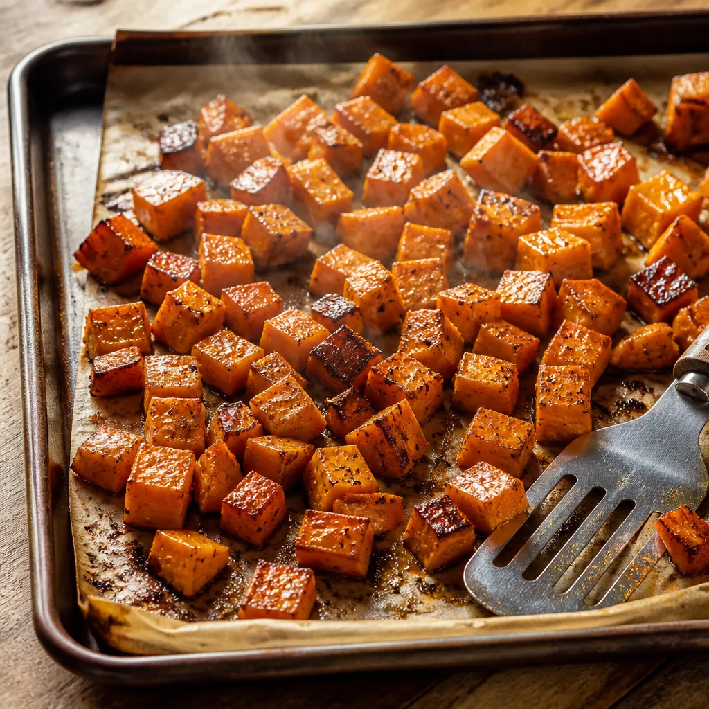 Roasted sweet potatoes with caramelized edges fresh from the oven on a sheet pan
