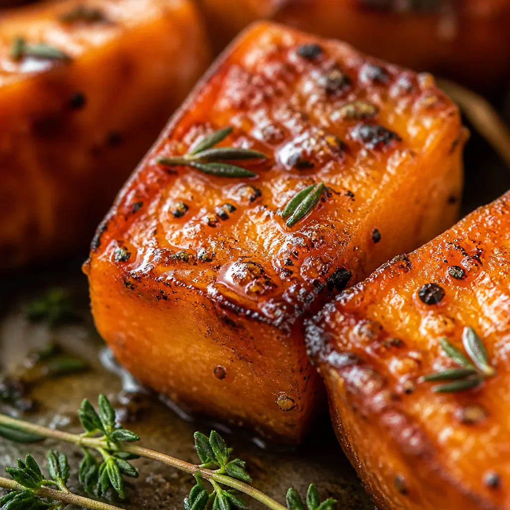 Close up of caramelized edges on maple Dijon roasted sweet potatoes