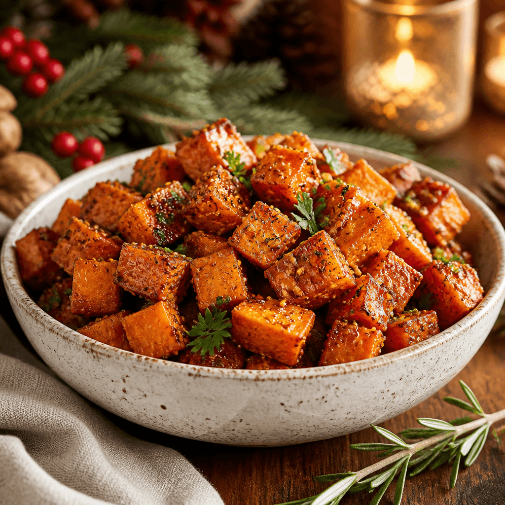 Maple Dijon roasted sweet potatoes styled for a holiday table