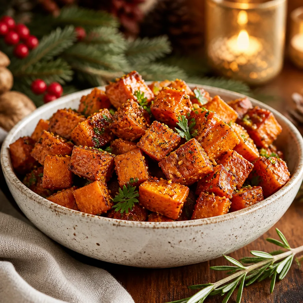 Maple Dijon roasted sweet potatoes styled for a holiday table