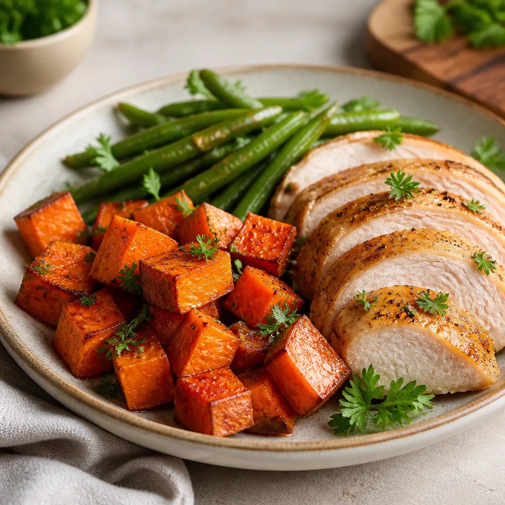 Maple Dijon roasted sweet potatoes plated with roast chicken for dinner