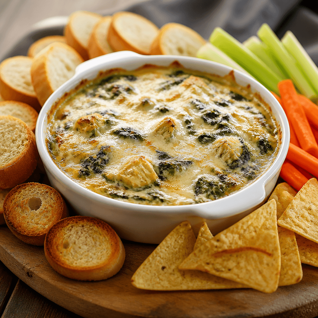 Creamy spinach artichoke dip in a white serving bowl with toasted baguette, tortilla chips, and fresh vegetable dippers