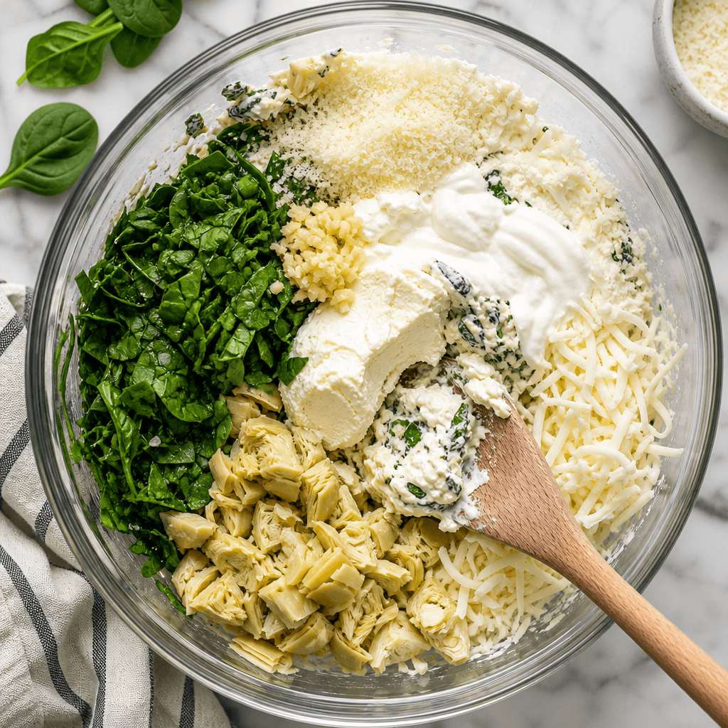 Spinach, artichoke hearts, cream cheese, sour cream and shredded cheese being stirred together in a mixing bowl