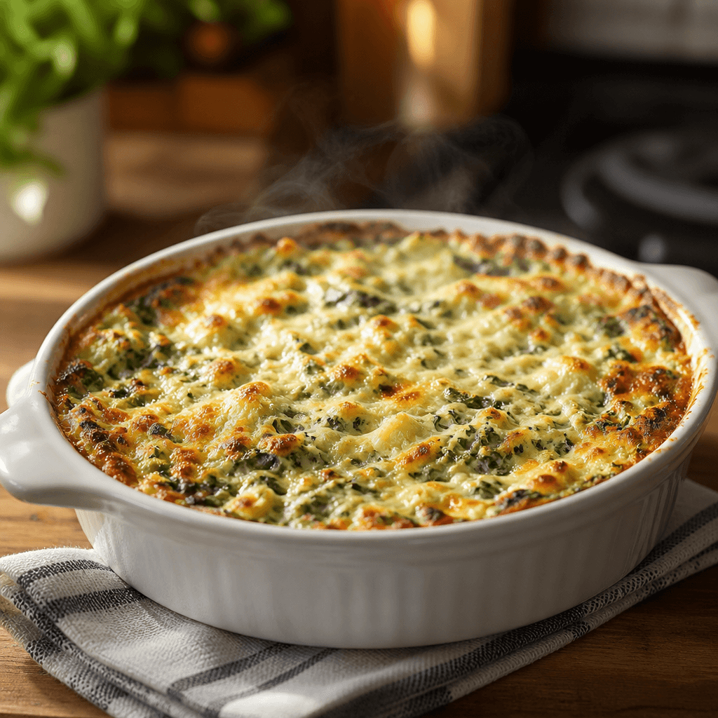 Spinach artichoke dip bubbling and golden brown in a white baking dish fresh from the oven