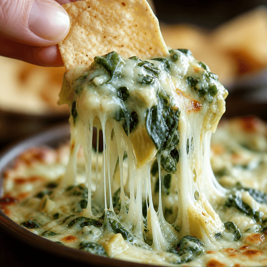 Close-up cheese pull as a tortilla chip is lifted from creamy spinach artichoke dip