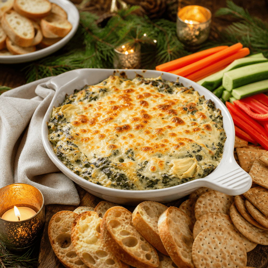 Spinach artichoke dip on a festive holiday party table with pine sprigs, candles and an appetizer spread