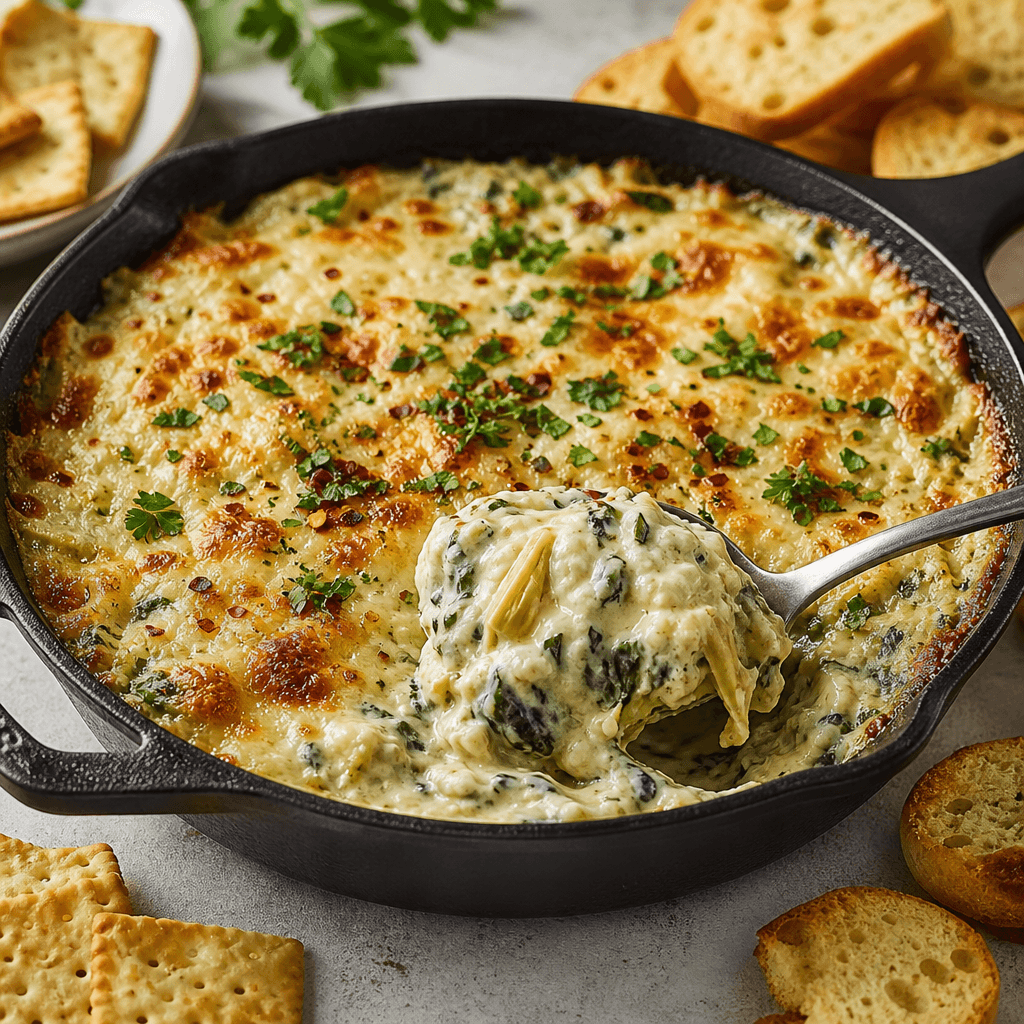 A spoon scooping creamy spinach artichoke dip from a cast iron skillet topped with parsley and red pepper flakes
