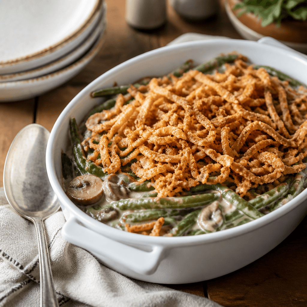 Green bean casserole with crispy fried onions in a white ceramic serving dish with a serving spoon