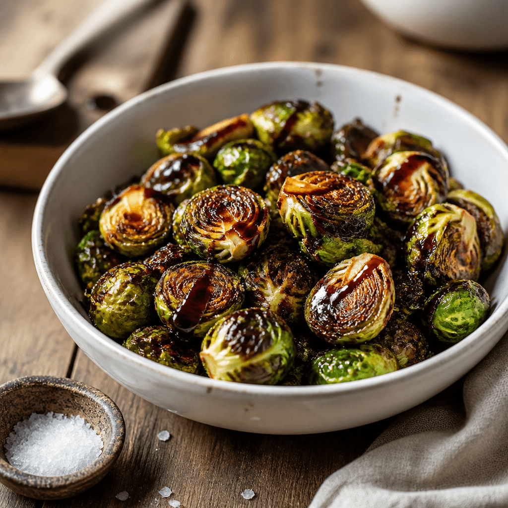 Roasted Brussels sprouts with balsamic glaze served in a white ceramic bowl
