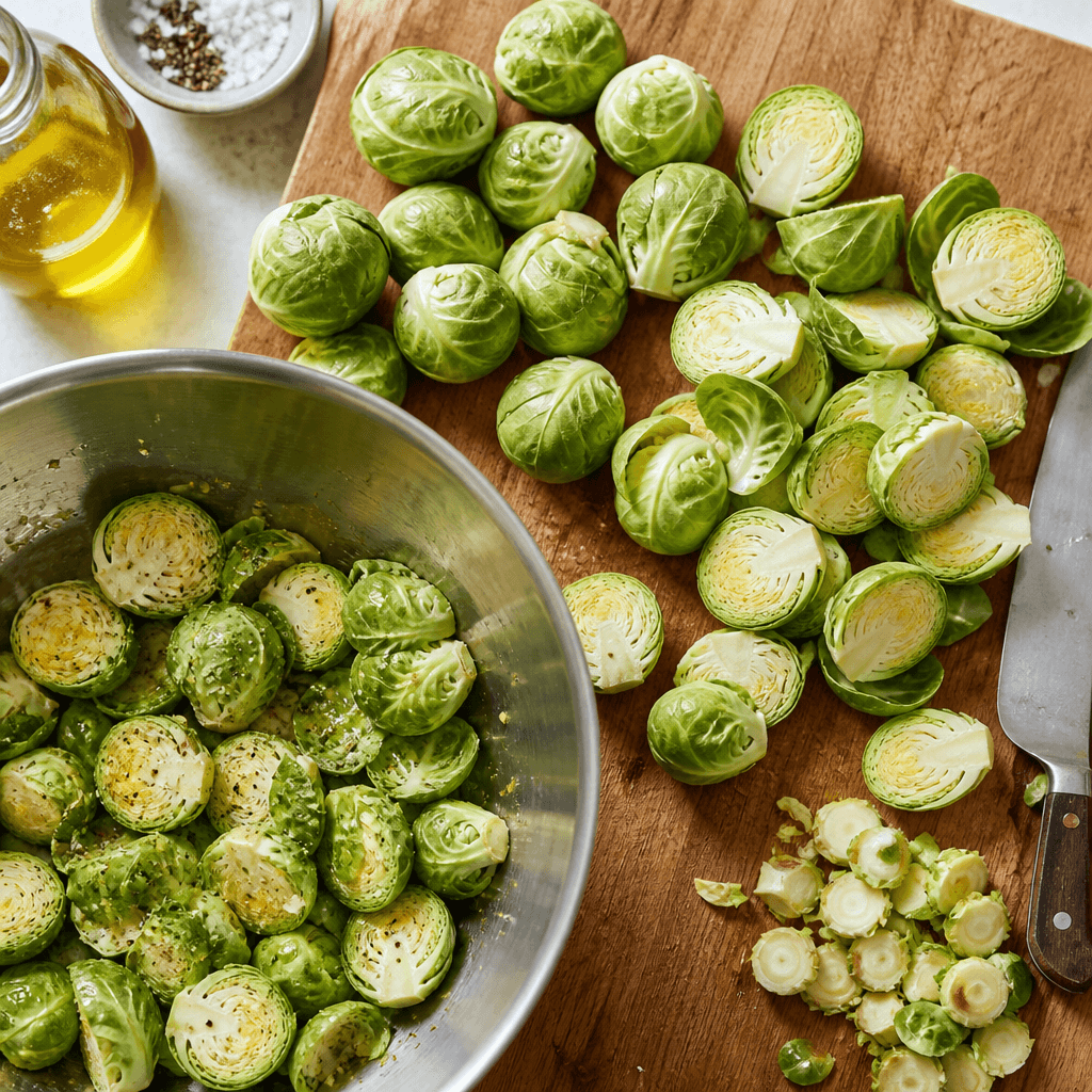 Fresh Brussels sprouts being trimmed and halved on a cutting board and tossed with olive oil