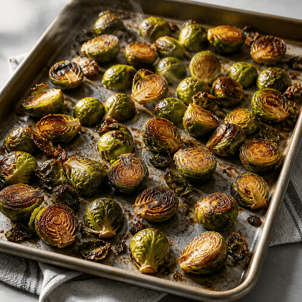 Roasted Brussels sprouts fresh out of the oven on a sheet pan with crispy browned edges