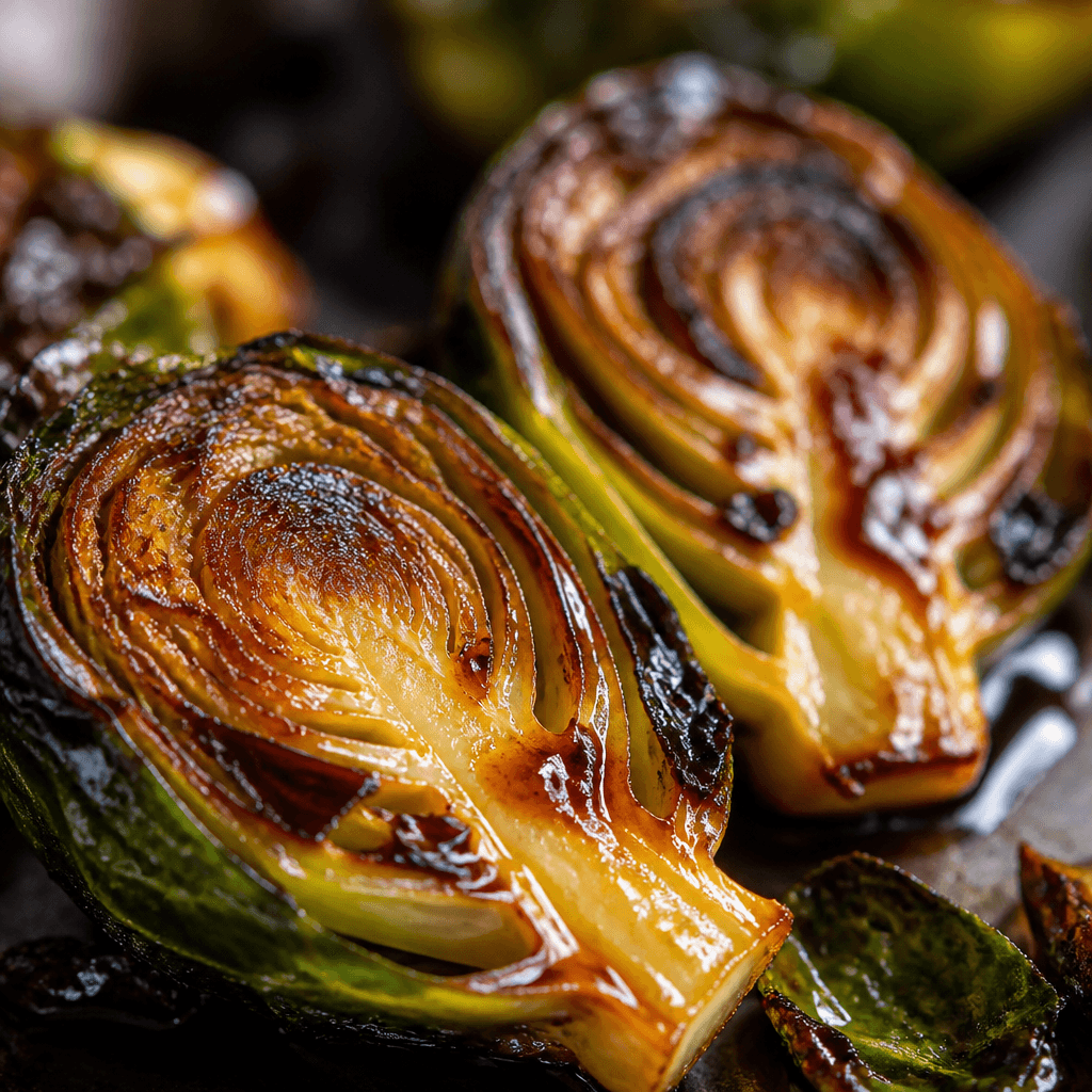Macro close-up of crispy caramelized Brussels sprout halves coated in glossy balsamic glaze