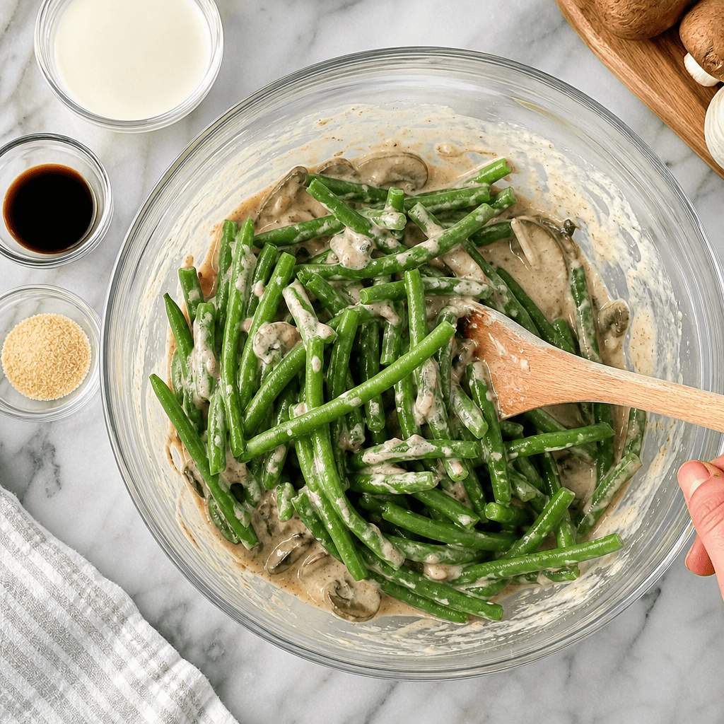 Blanched green beans being stirred into creamy mushroom sauce in a glass mixing bowl