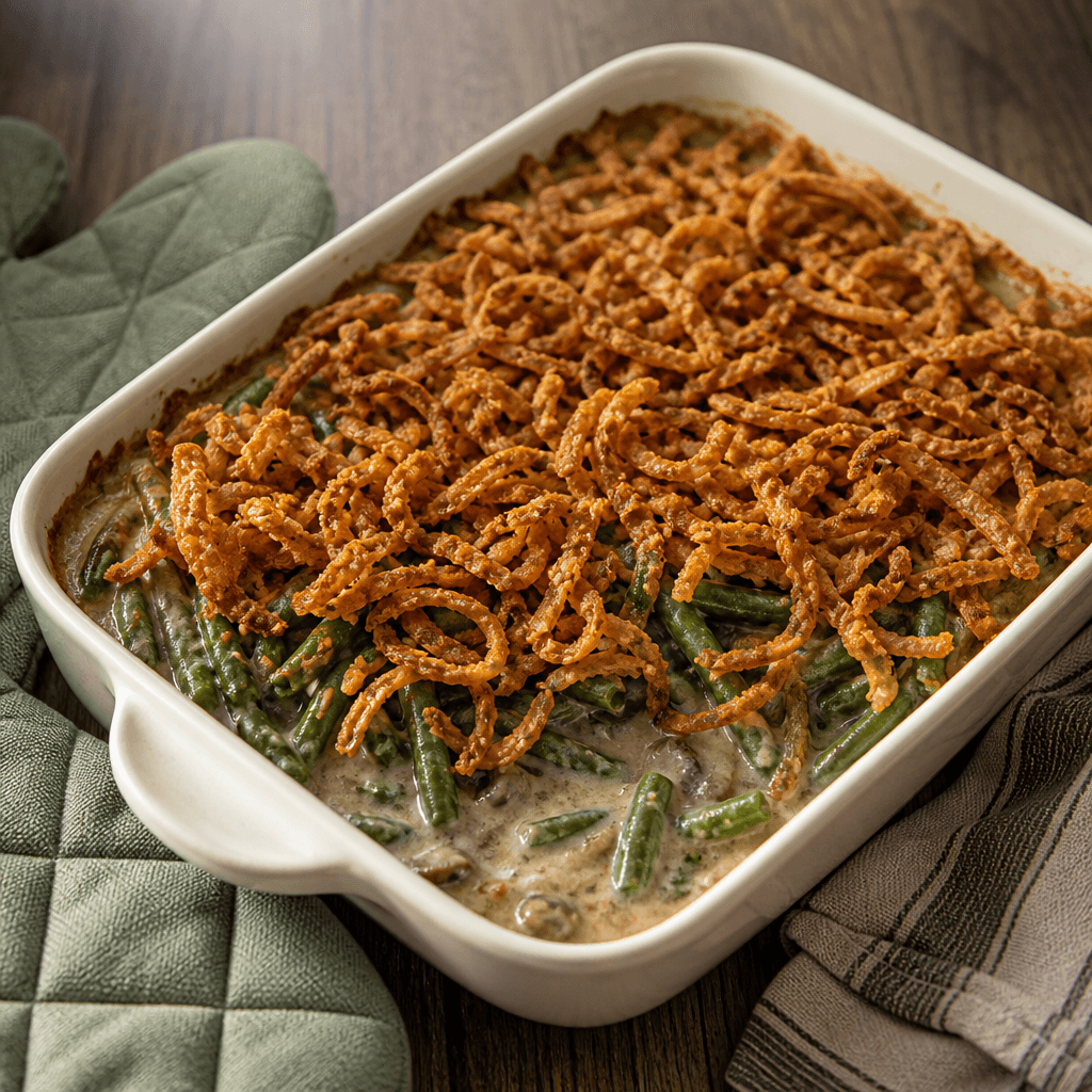 Green bean casserole fresh from the oven in a white baking dish with golden crispy onions on top
