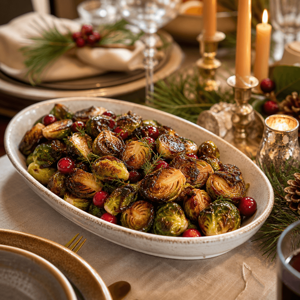 Balsamic glazed roasted Brussels sprouts on a festive holiday table with candles and pine sprigs