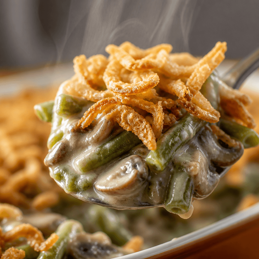Macro close-up of a spoonful of creamy green bean casserole with crispy fried onions