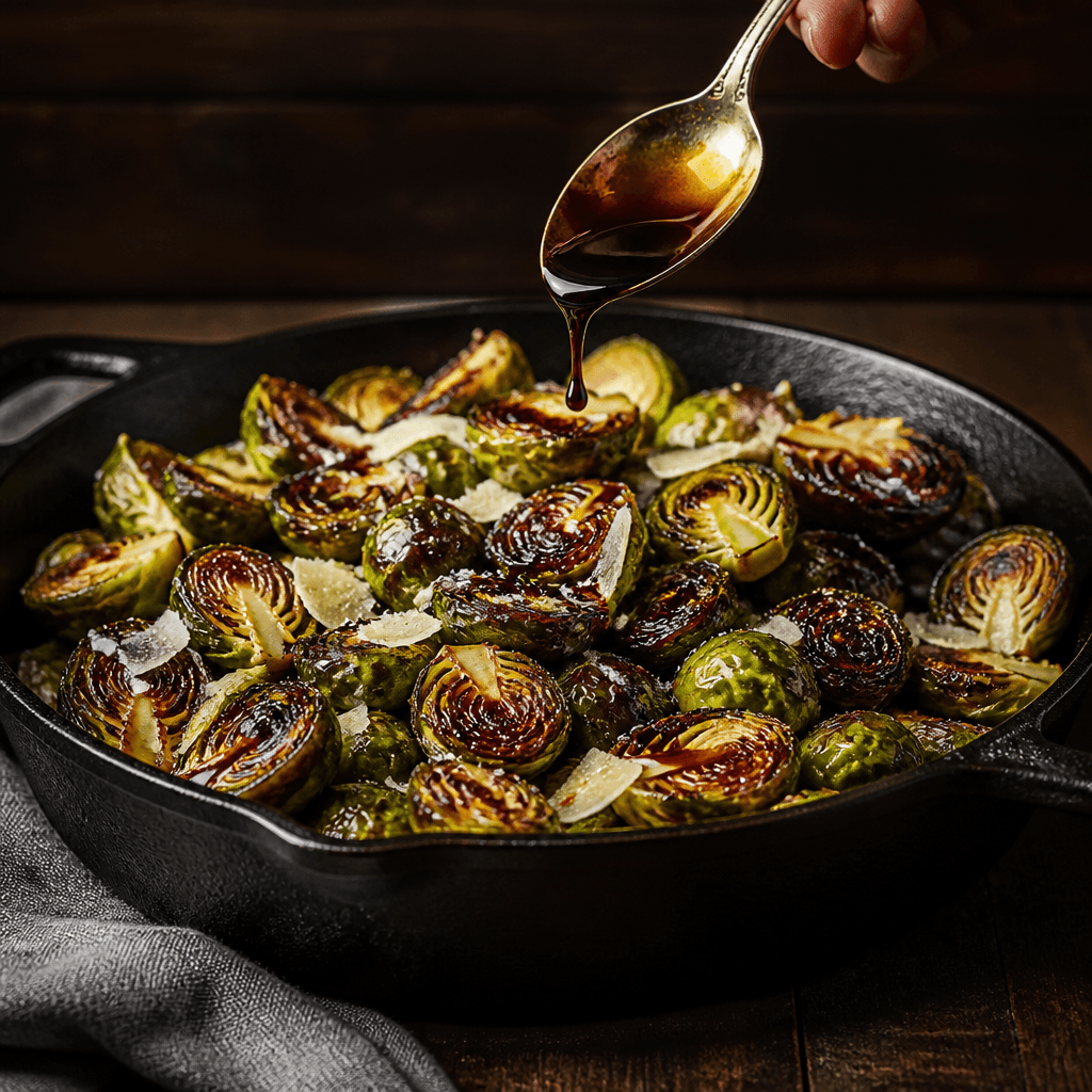 Balsamic glazed roasted Brussels sprouts in a cast iron skillet with shaved Parmesan