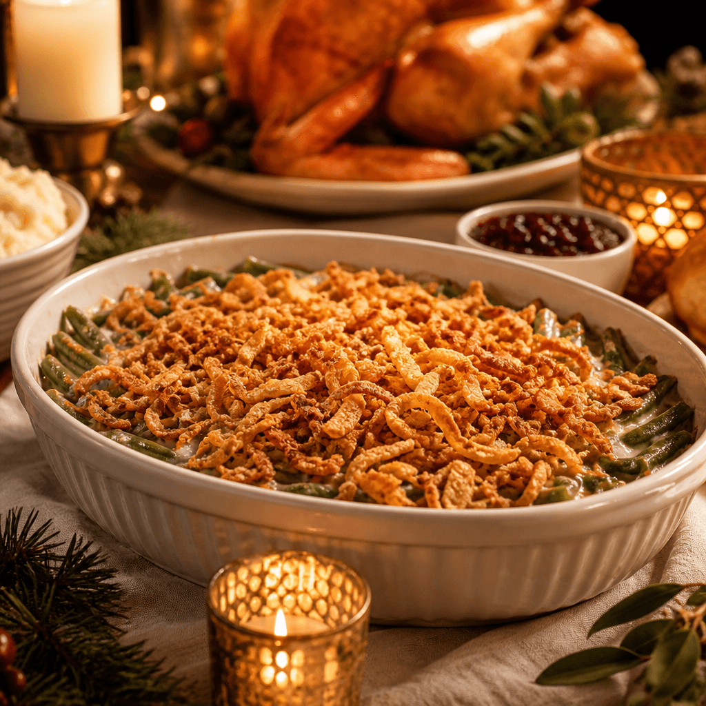 Green bean casserole on a festive Thanksgiving table with candles and pine sprigs