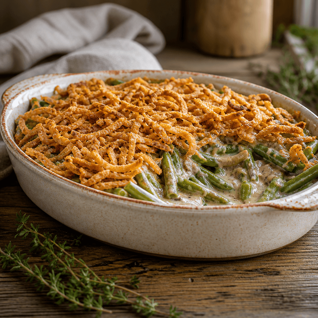 Baked green bean casserole in a rustic oval dish with a scoop removed showing the creamy interior