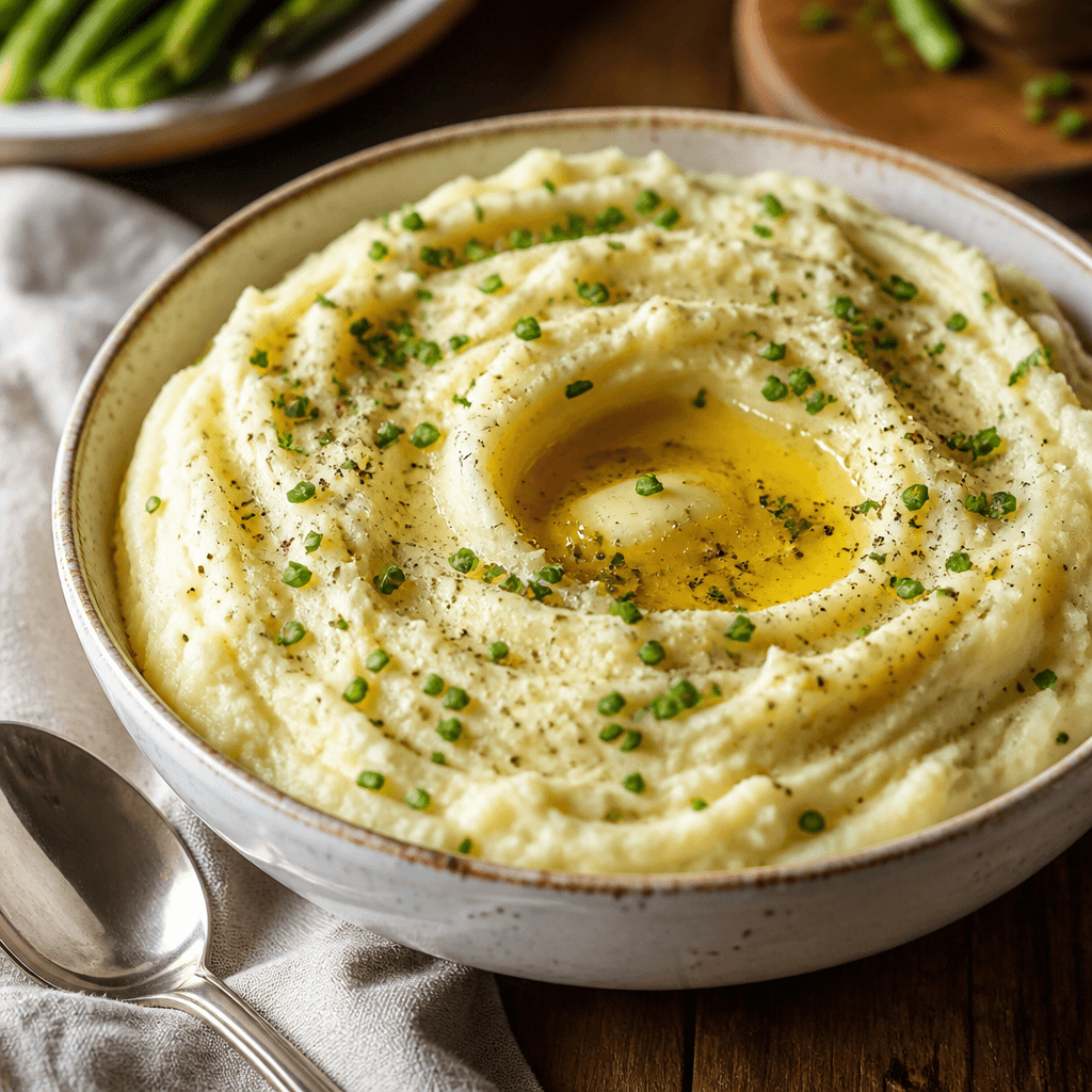 Creamy mashed potatoes in a white serving bowl with melted butter and chives