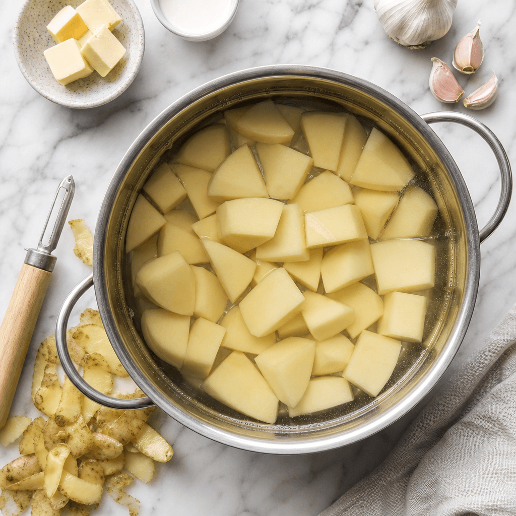 Peeled and chopped Yukon Gold potatoes in a pot of cold water with butter and cream nearby