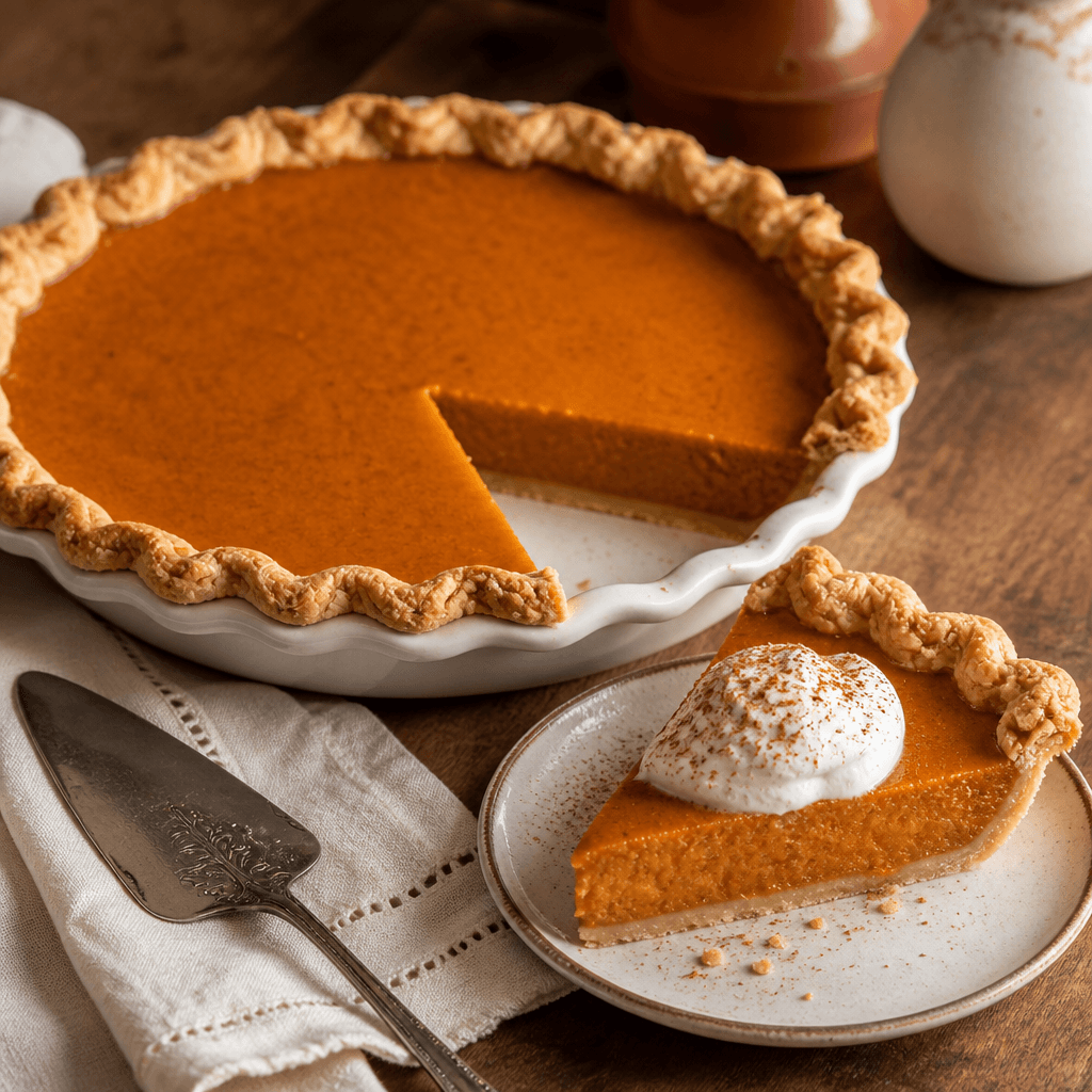 Whole sweet potato pie in a ceramic dish with a slice served with whipped cream