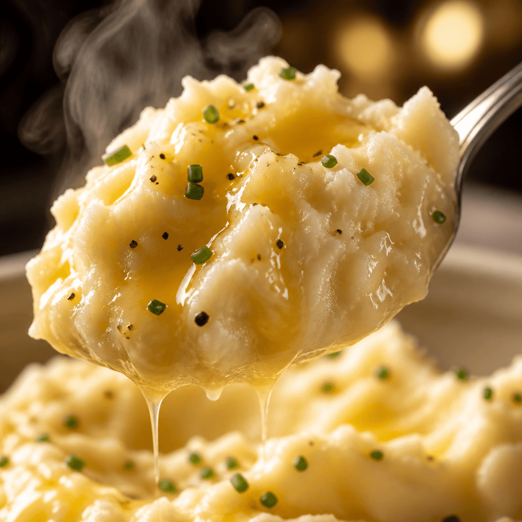 Macro close-up of a spoonful of creamy mashed potatoes with melted butter dripping