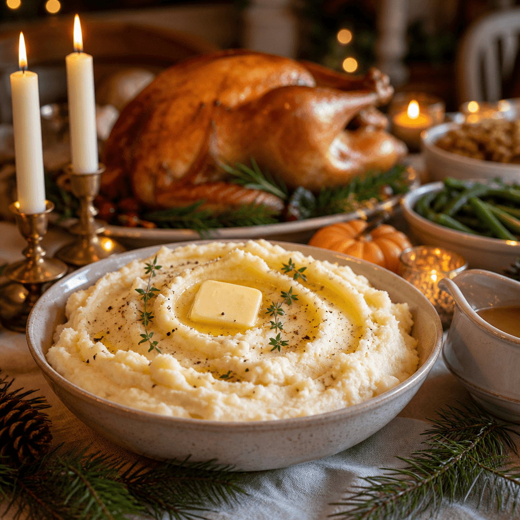 Bowl of creamy mashed potatoes on a festive holiday table with candles and pine sprigs
