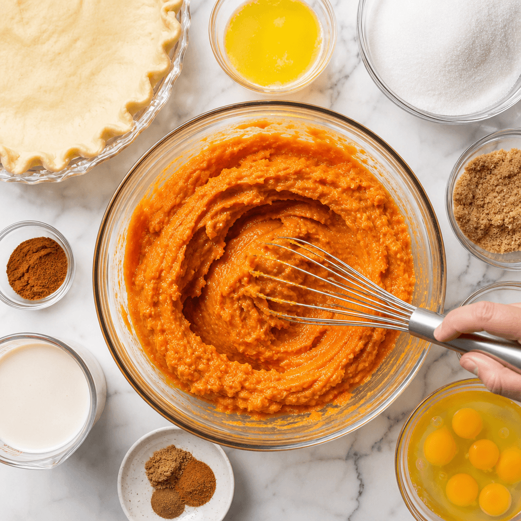 Mashed roasted sweet potatoes being mixed with butter sugar eggs and spices for pie filling