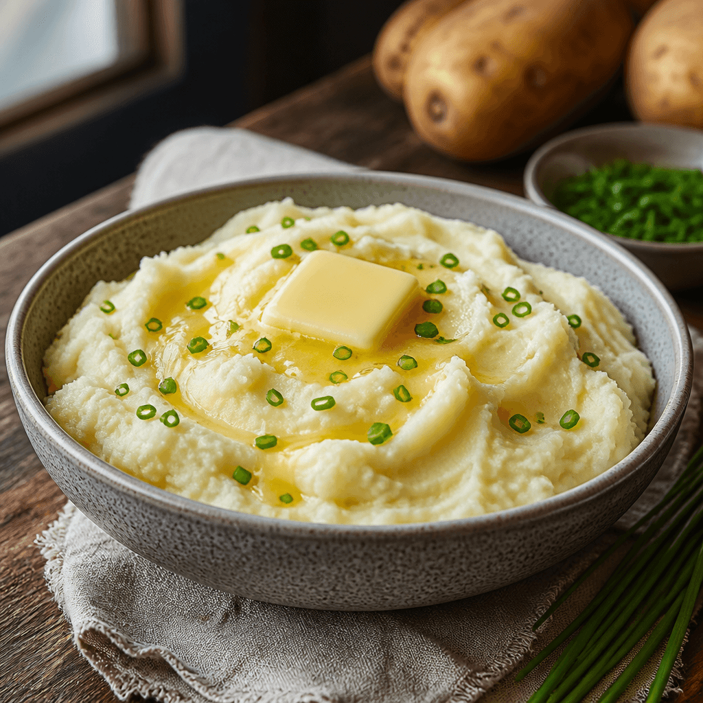 Fluffy mashed potatoes in a stoneware bowl with a pat of butter melting on top