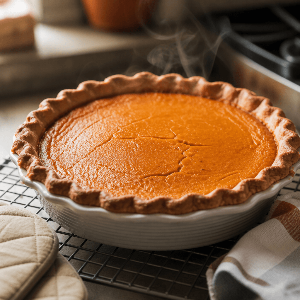 Freshly baked sweet potato pie cooling on a wire rack in its pie dish
