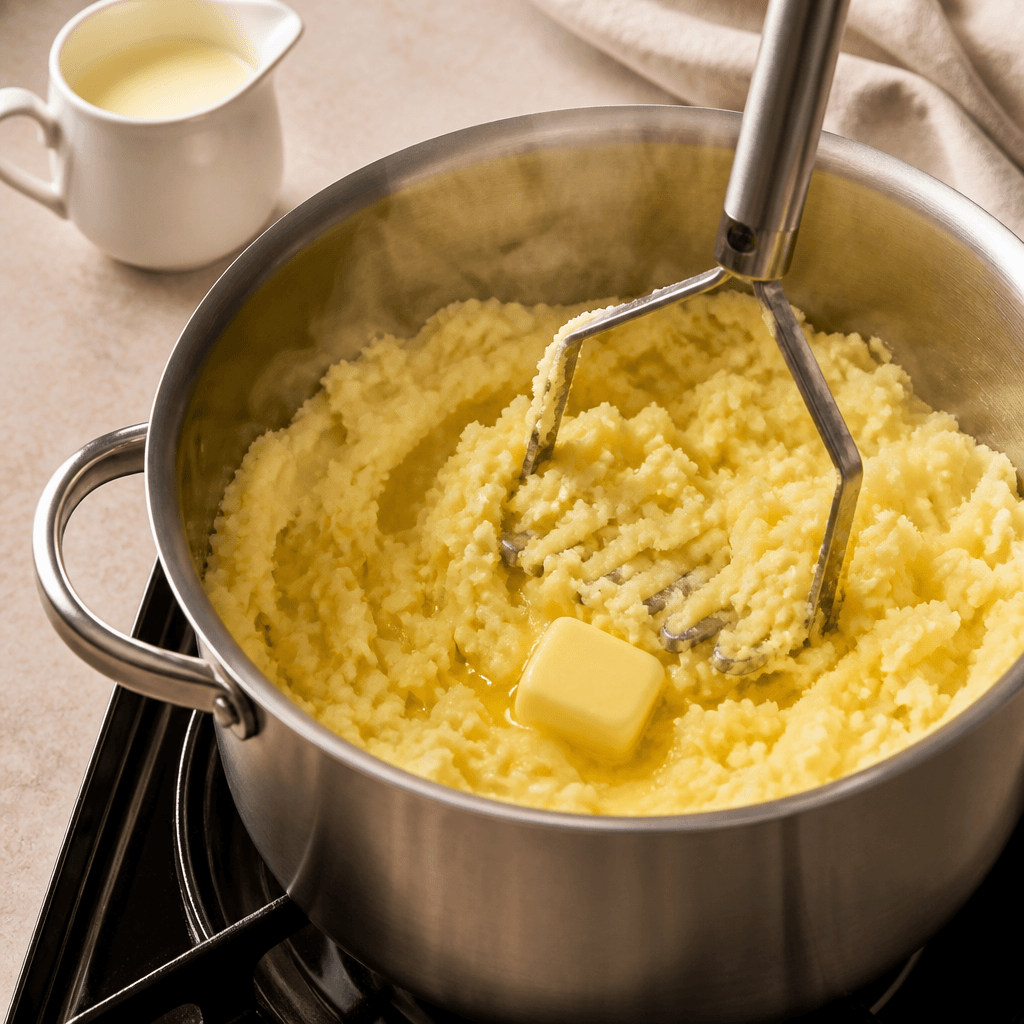 Boiled potatoes being mashed with a potato masher in a large pot with butter melting in