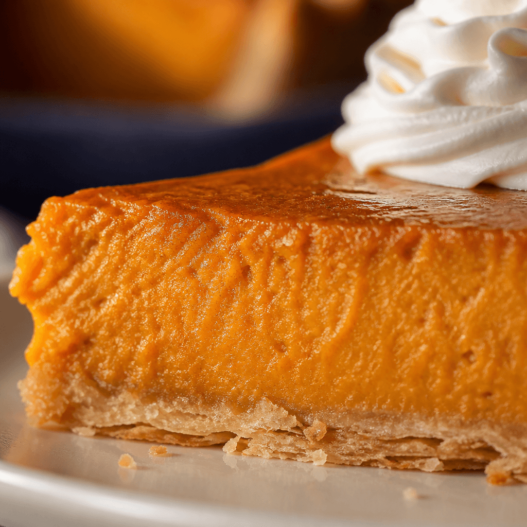 Macro close-up of a sweet potato pie slice showing creamy custard filling and flaky crust layers