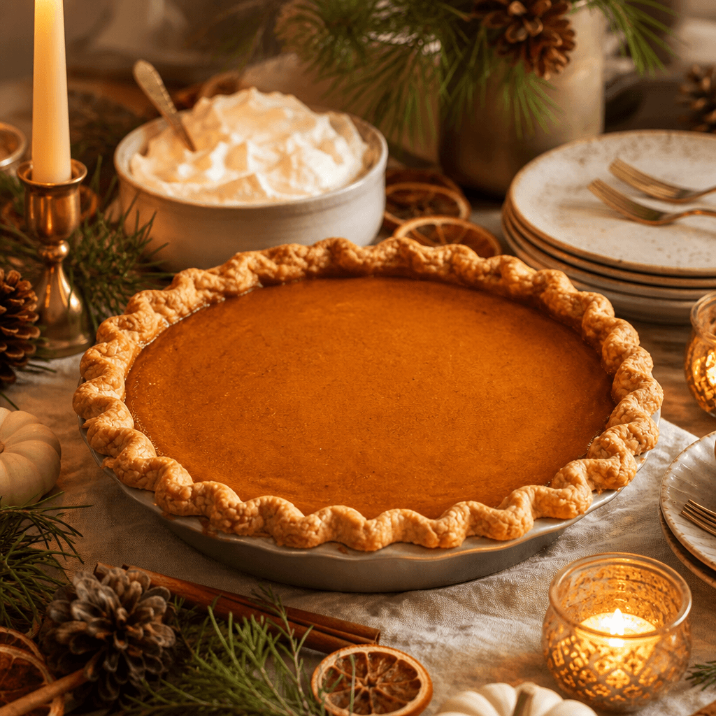 Sweet potato pie styled on a festive holiday dessert table with candles and pine sprigs
