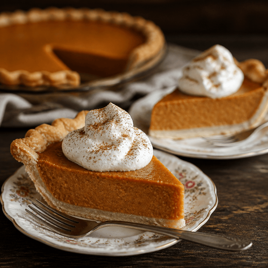 Two slices of sweet potato pie plated with whipped cream and a dusting of cinnamon