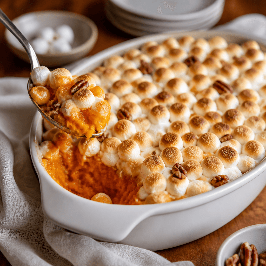 Sweet potato casserole with golden toasted marshmallows in a white serving dish
